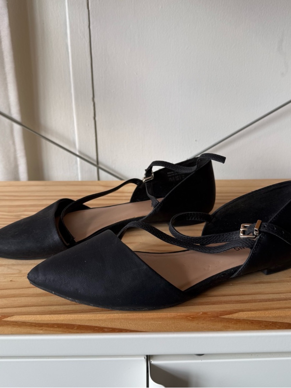 Black Pointed D'Orsay Flats with Ankle Strap